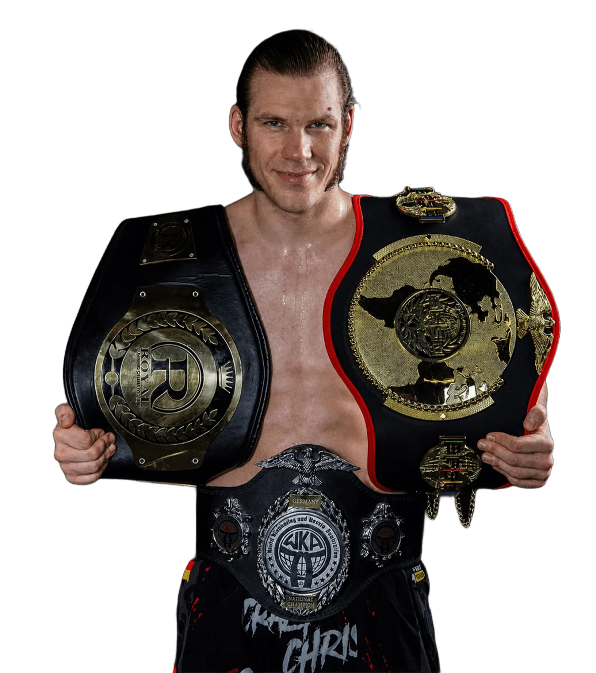 Christopher Hopp, Gründer von NSK Muay Thai in Ludwigsburg, mit seinen Weltmeistergürteln